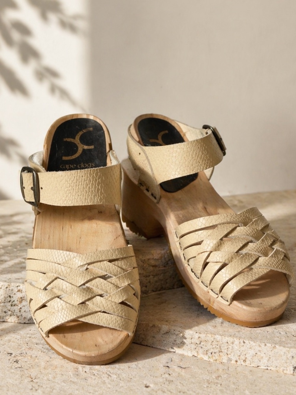 Cape Clogs Swedish Wood Leather Pia Sandals Braided Neutral EU 37 US 7